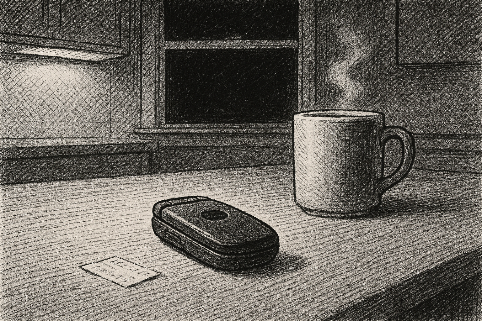 TracFone on a kitchen table at night, pen-and-ink editorial illustration.