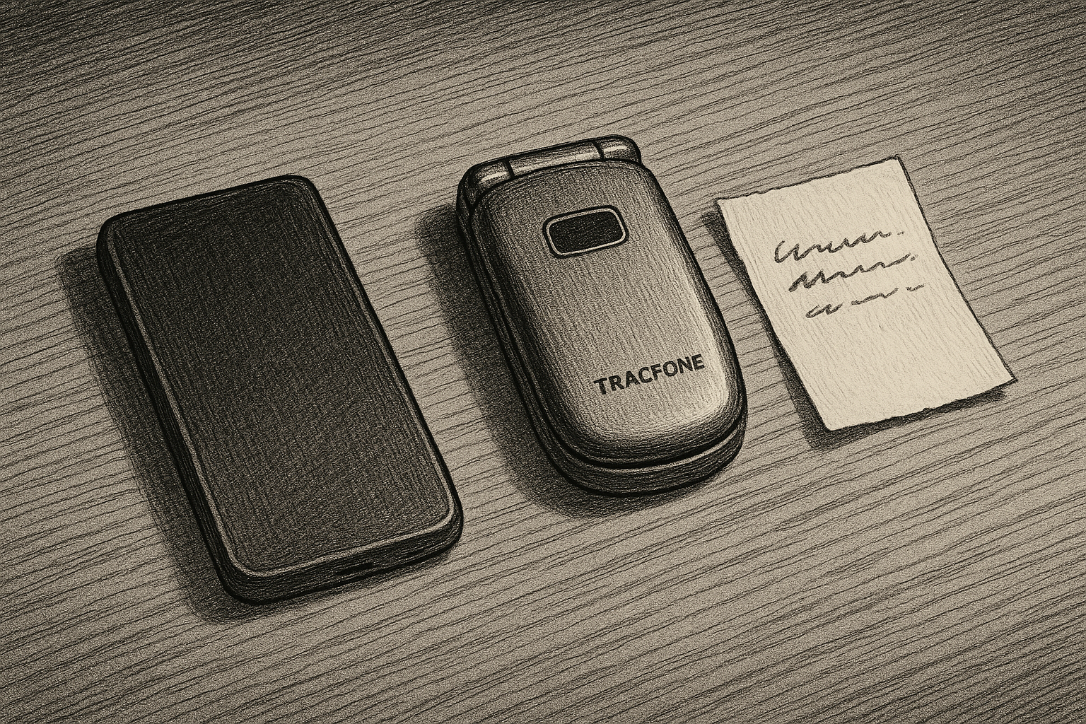 Two phones side by side on a table, pen-and-ink editorial illustration.