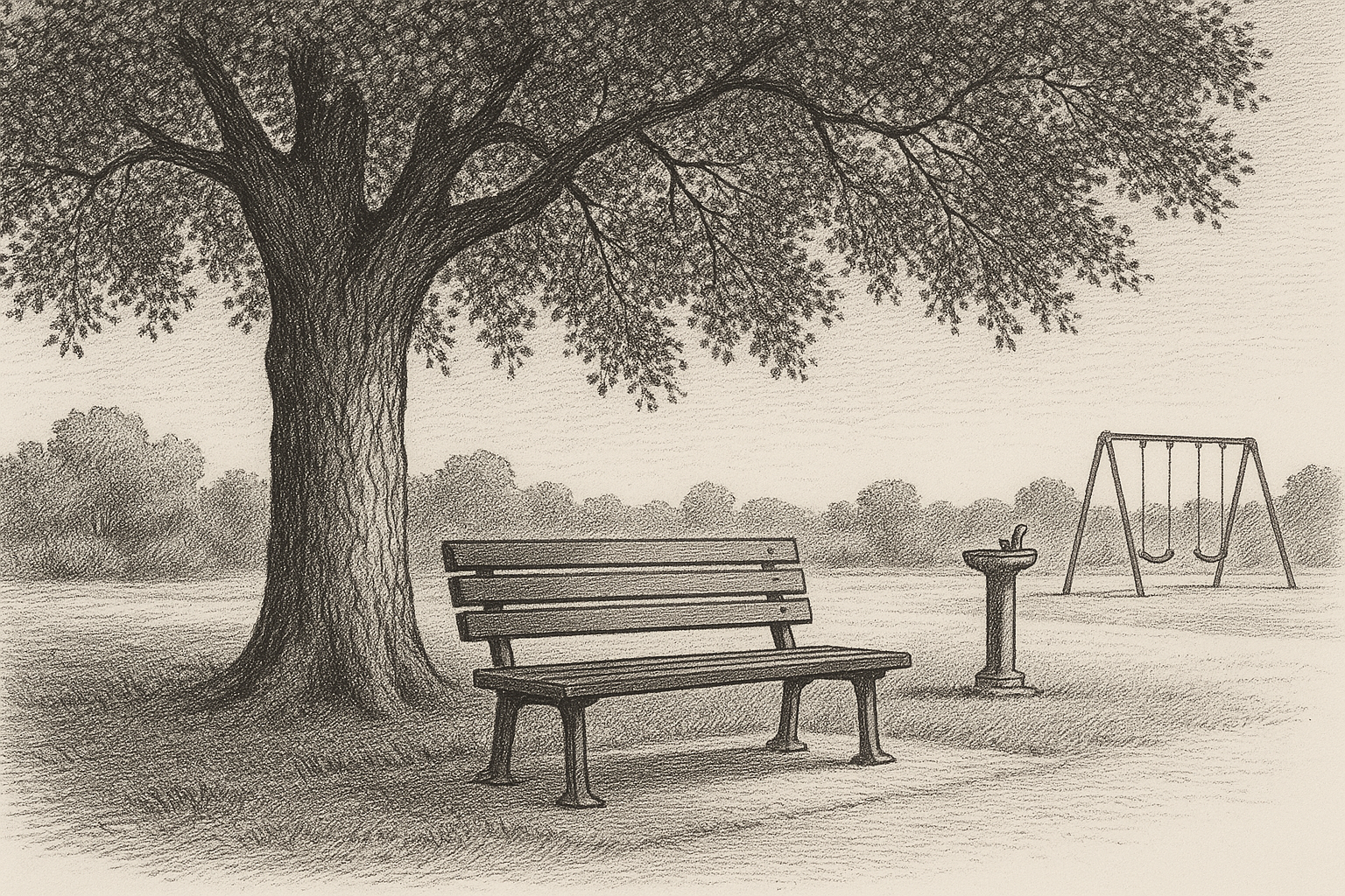 Green bench under a cottonwood, one figure, pen-and-ink editorial illustration.