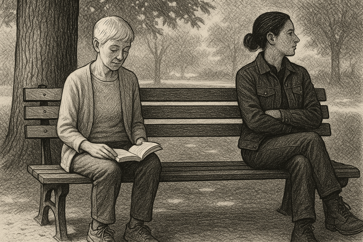 Two women on a park bench, angled away, pen-and-ink editorial illustration.