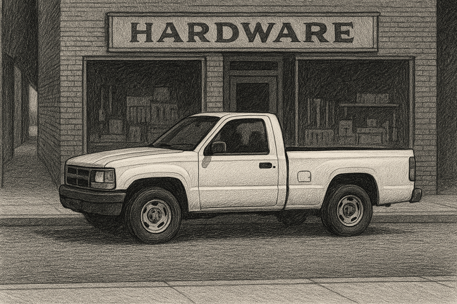 White truck parked facing north, hardware store, pen-and-ink editorial illustration.