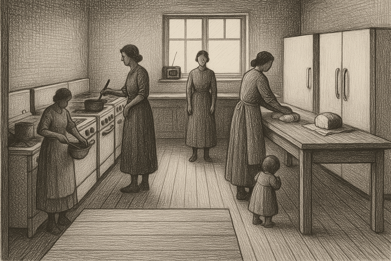 Large kitchen interior, three women, no faces, pen-and-ink editorial illustration.