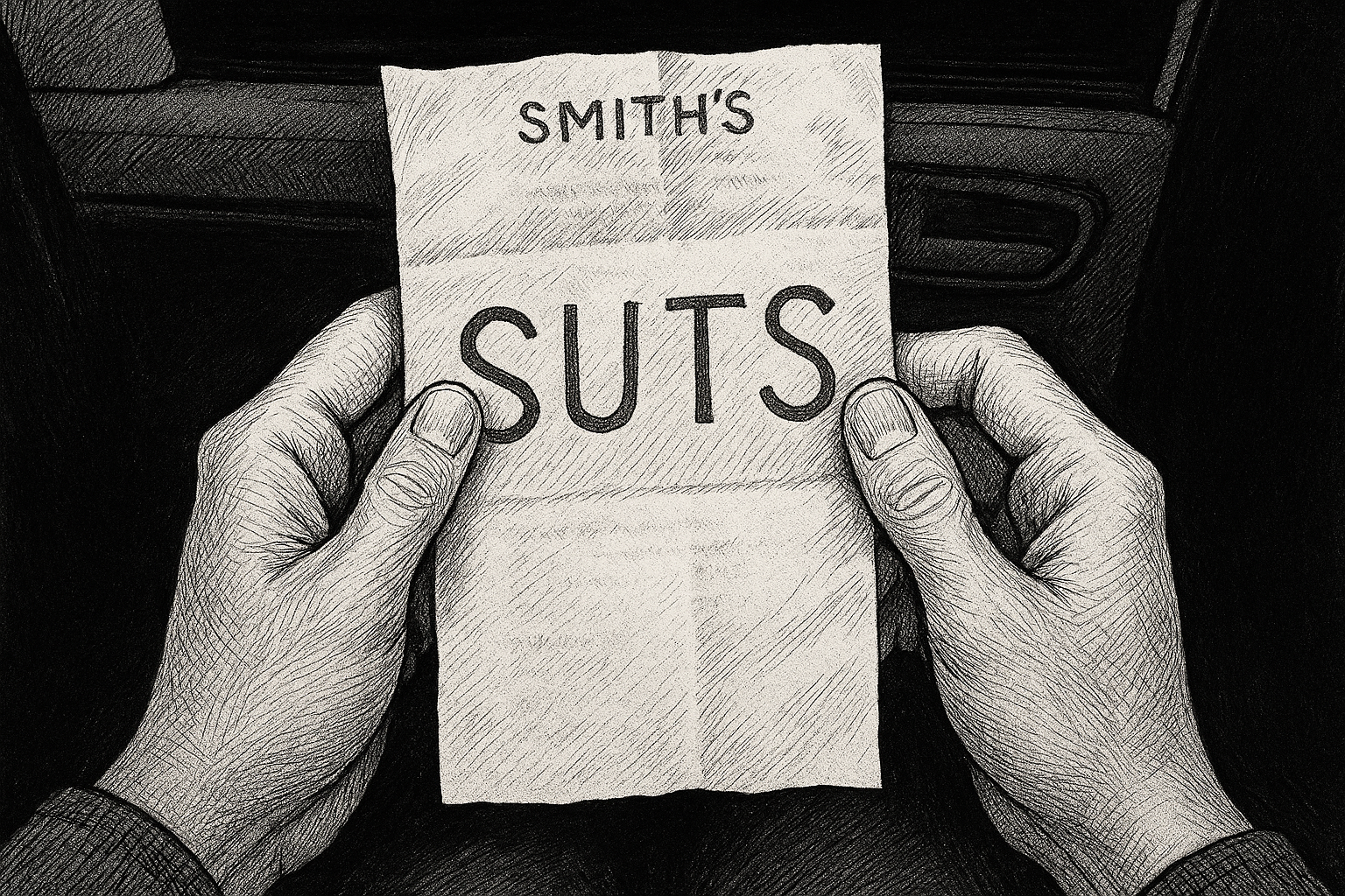 Single word on a receipt, hands holding it, pen-and-ink editorial illustration.