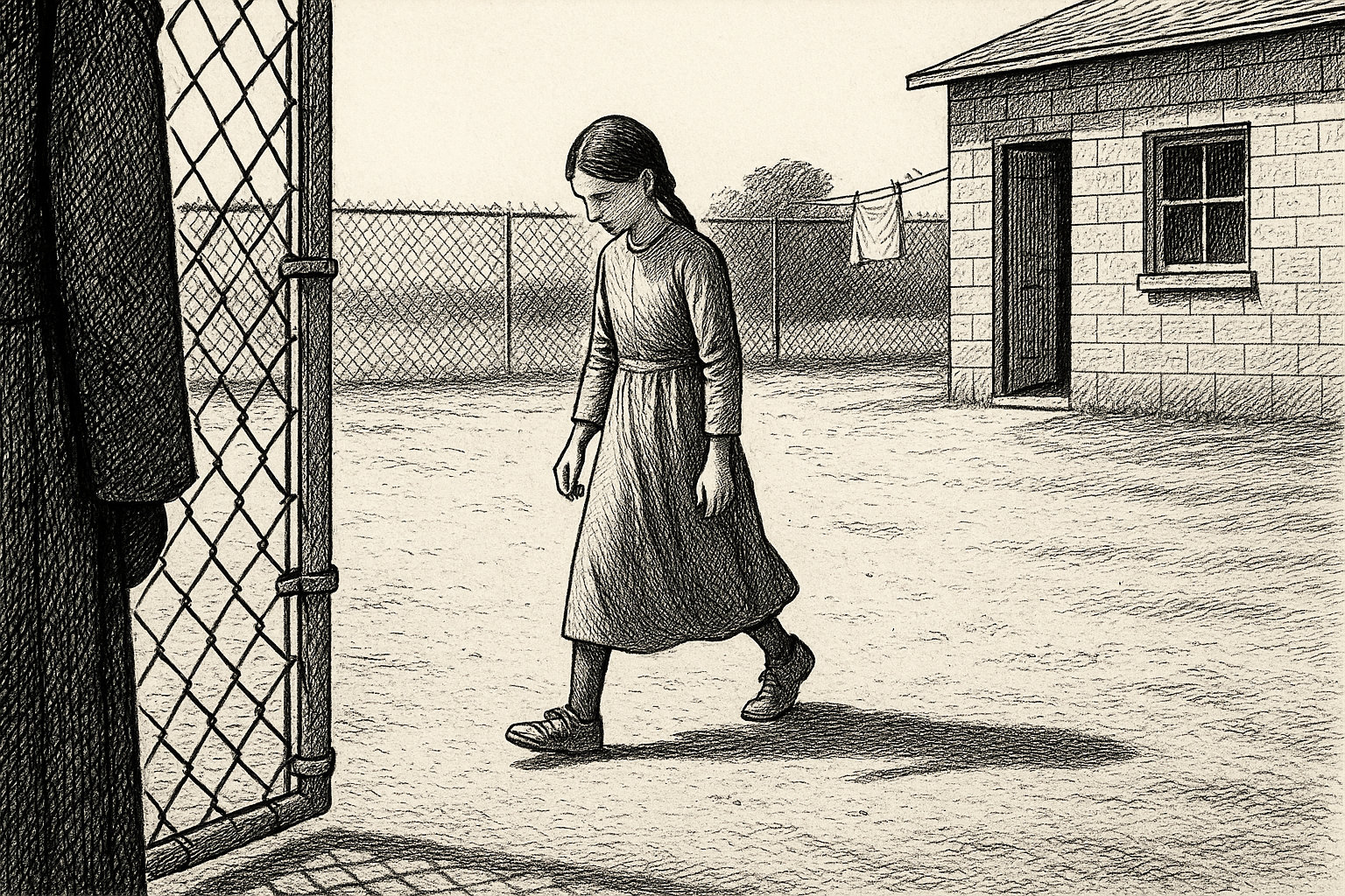 Girl walking past in a compound yard, braid, pen-and-ink editorial illustration.