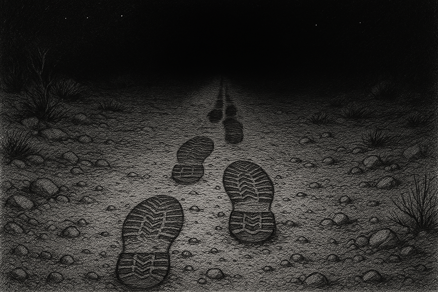 Two sets of boot prints converging, dry ground, pen-and-ink editorial illustration.