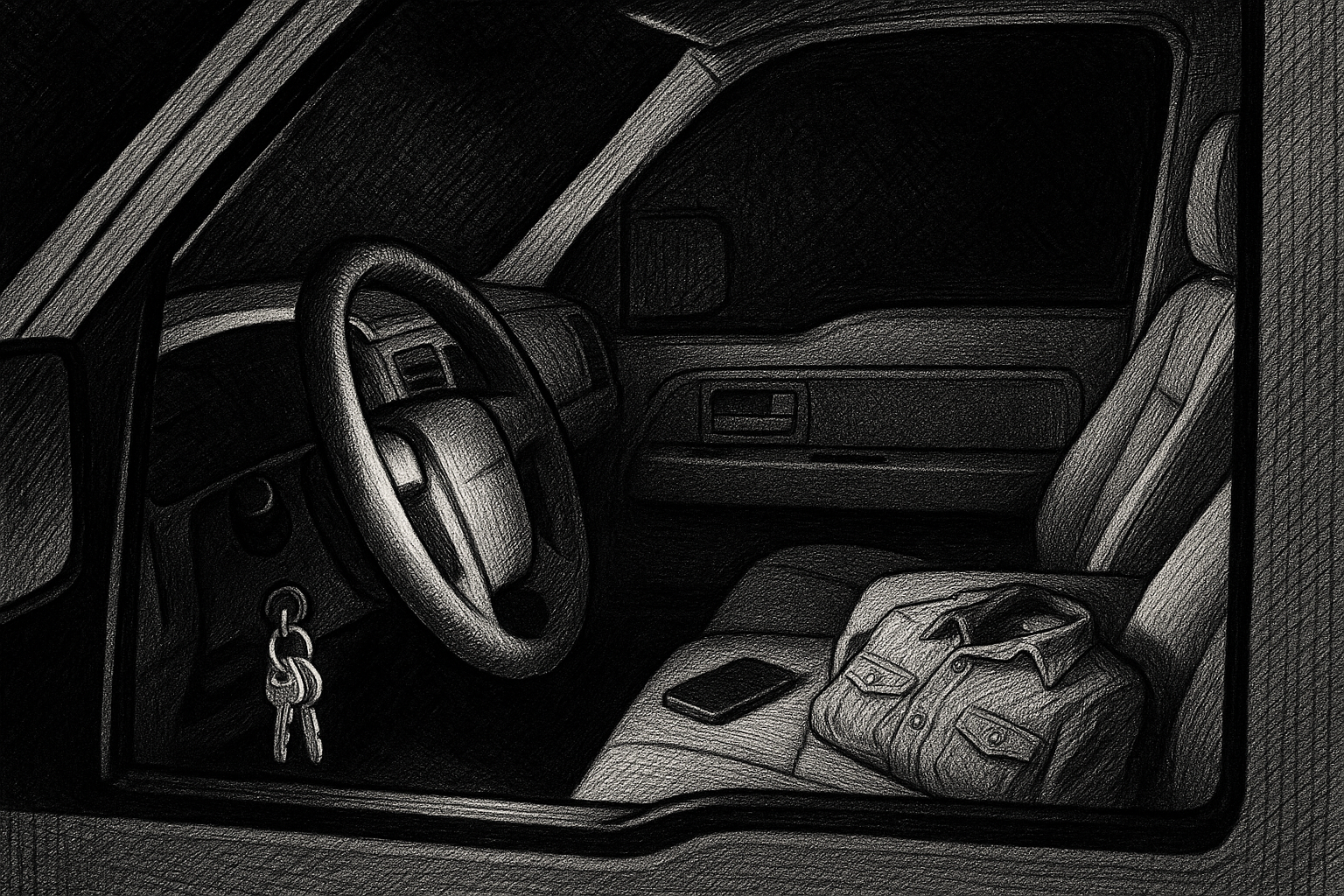 Truck cab interior, keys in ignition, empty seat, pen-and-ink editorial illustration.
