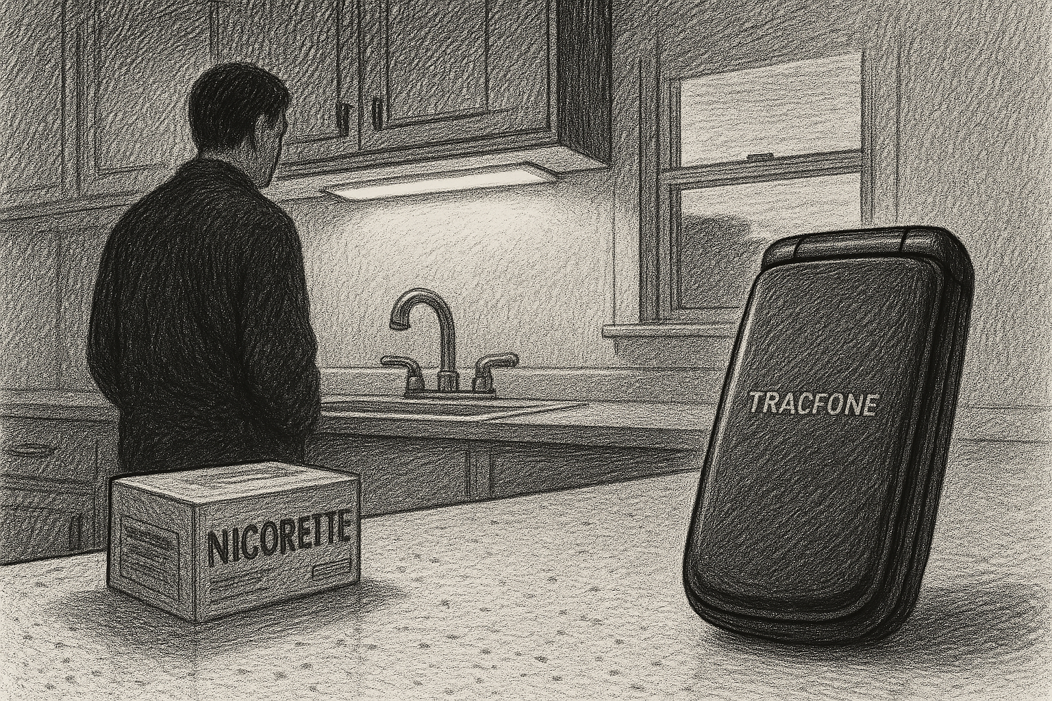 TracFone on counter, empty kitchen, night, pen-and-ink editorial illustration.