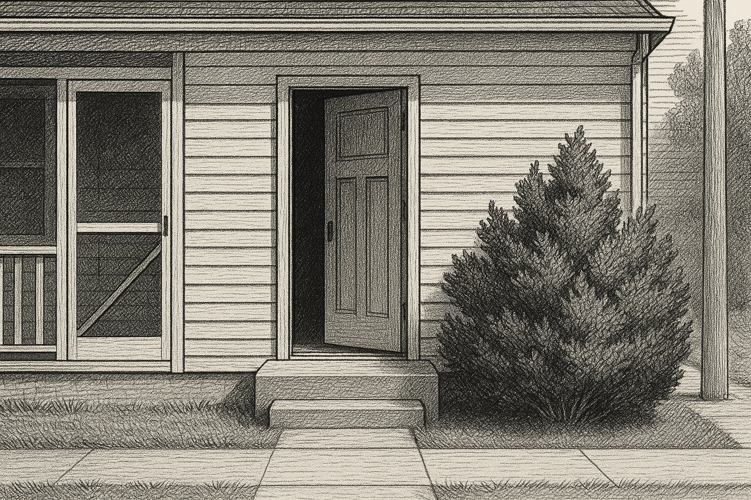 Yellow rambler door open four inches, juniper, pen-and-ink editorial illustration.