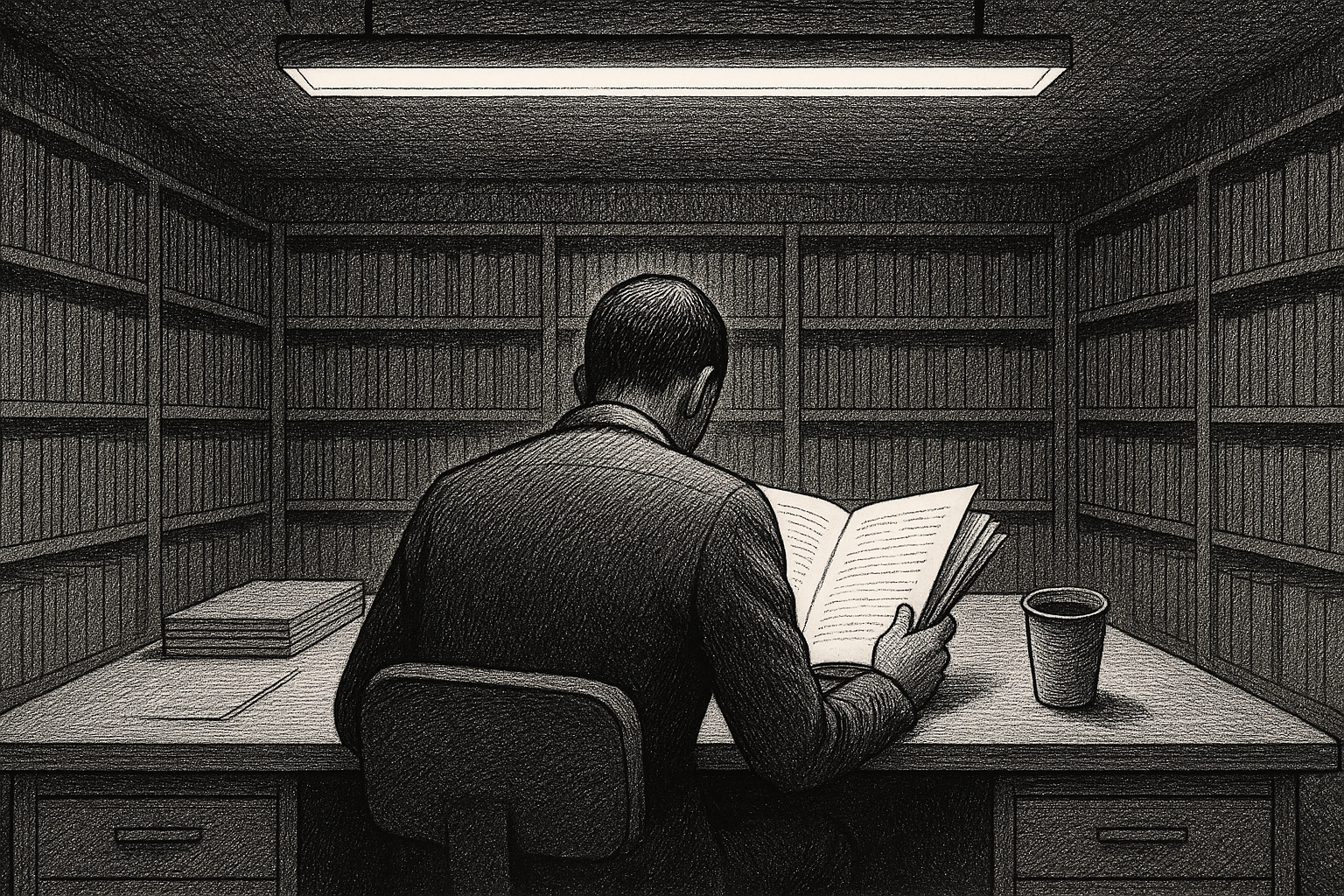 Fluorescent-lit records desk, open file, coffee cup, pen-and-ink editorial illustration.