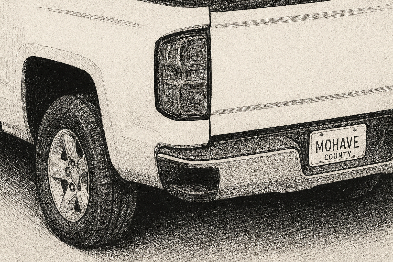 Pearl-white truck detail, Mohave County plate, pen-and-ink editorial illustration.