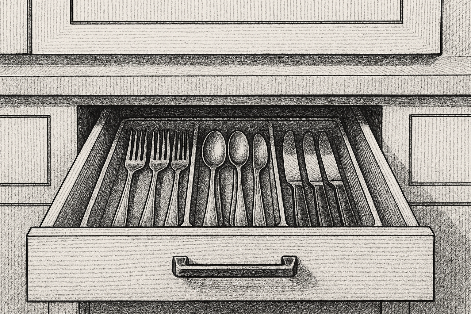 Kitchen drawer open exactly halfway, pen-and-ink editorial illustration.