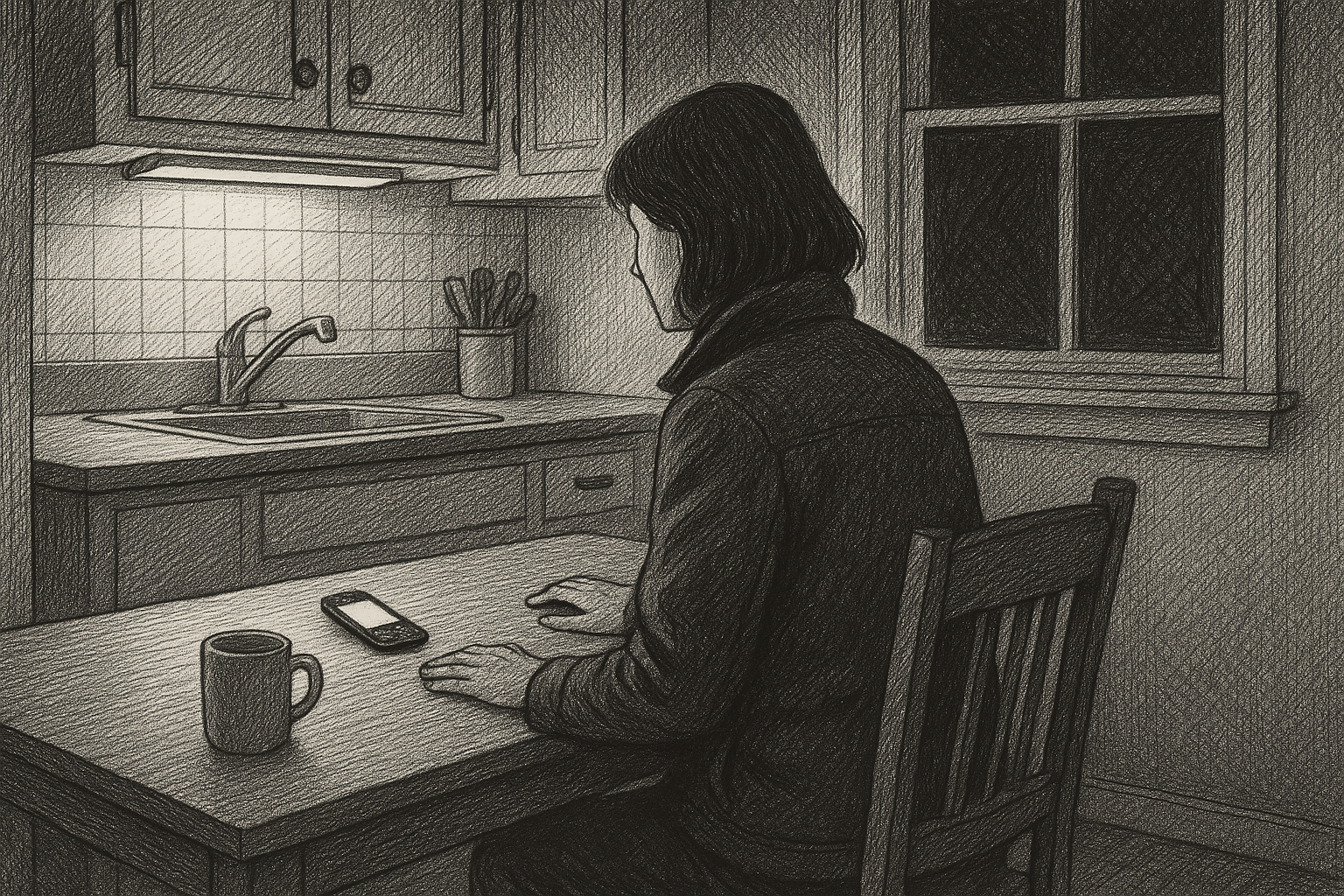 Figure seated at kitchen table, phone held, night, pen-and-ink editorial illustration.