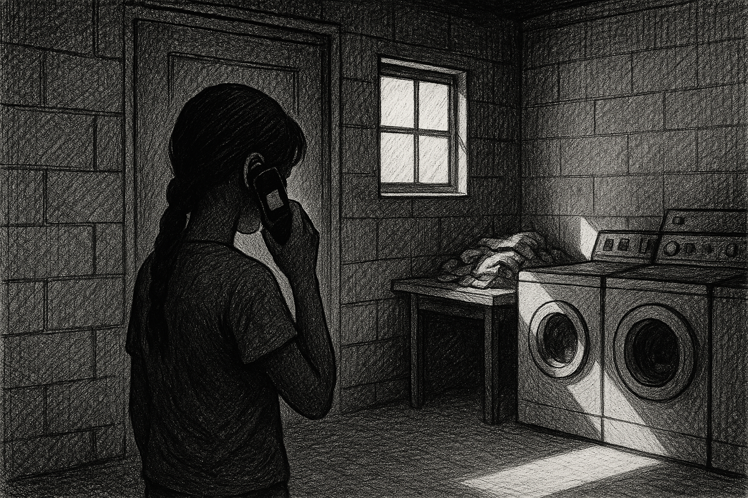Girl in shadow, small phone, laundry shed, pen-and-ink editorial illustration.