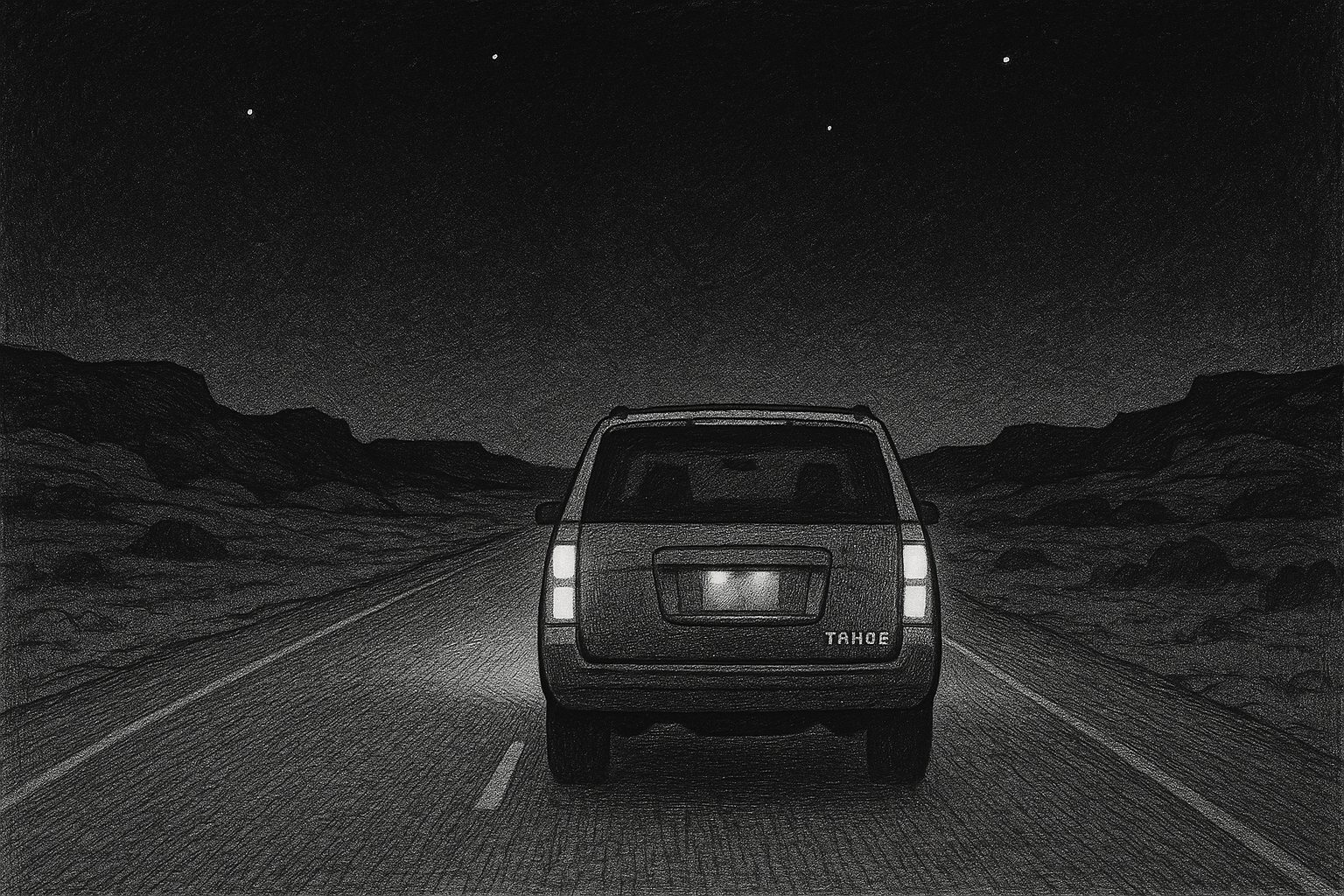 Tahoe on empty night highway, Strip country, pen-and-ink editorial illustration.