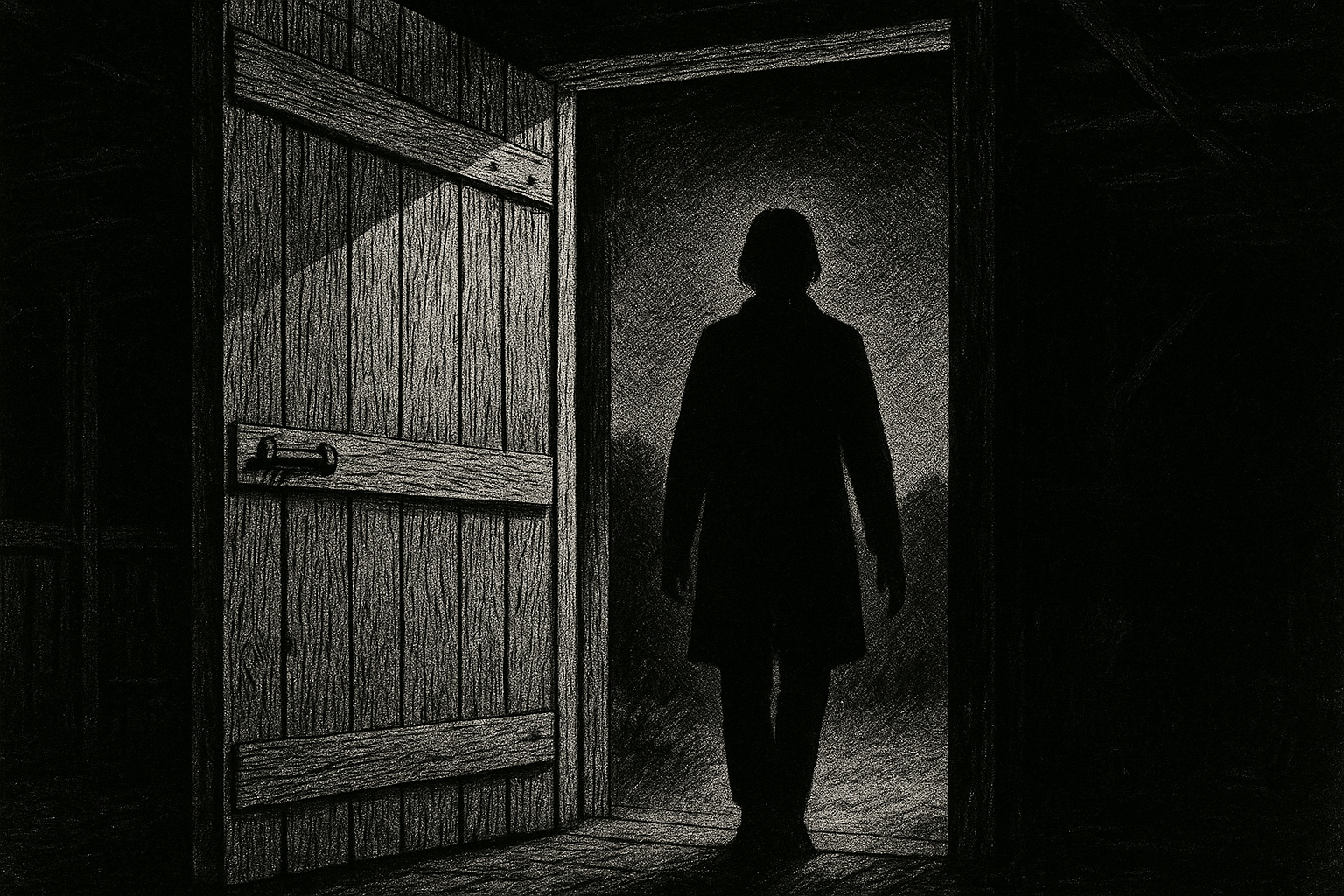 Sliding barn door, dark interior, one figure, pen-and-ink editorial illustration.