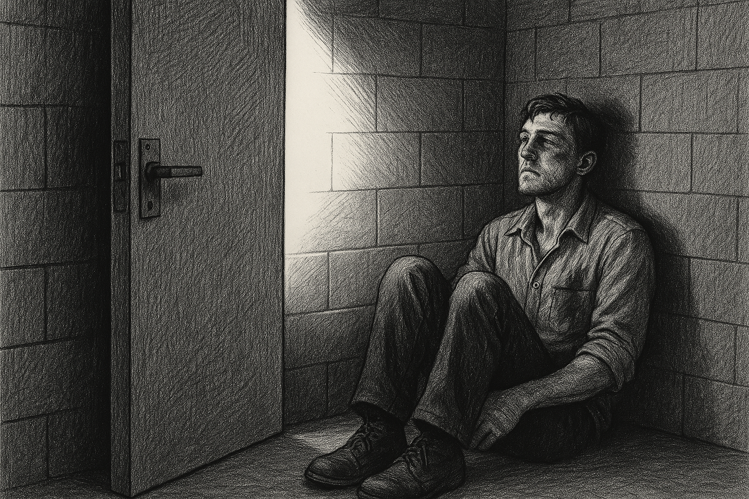 Figure against wall, knees up, bolt on door, pen-and-ink editorial illustration.