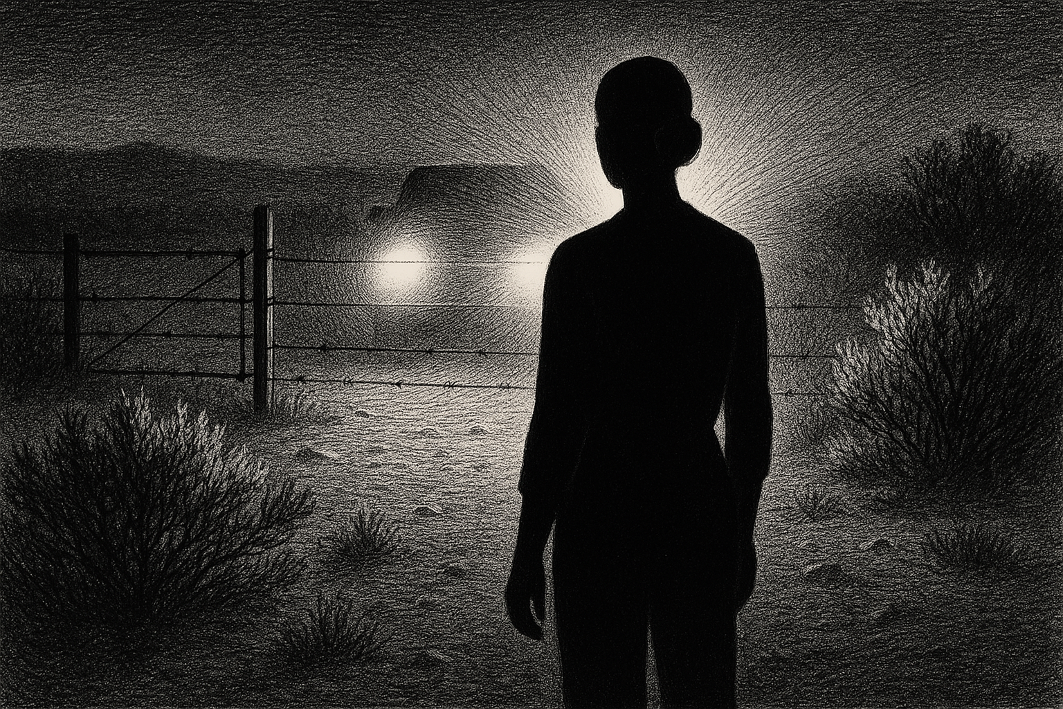 Silhouette at fence line, headlights behind, pen-and-ink editorial illustration.