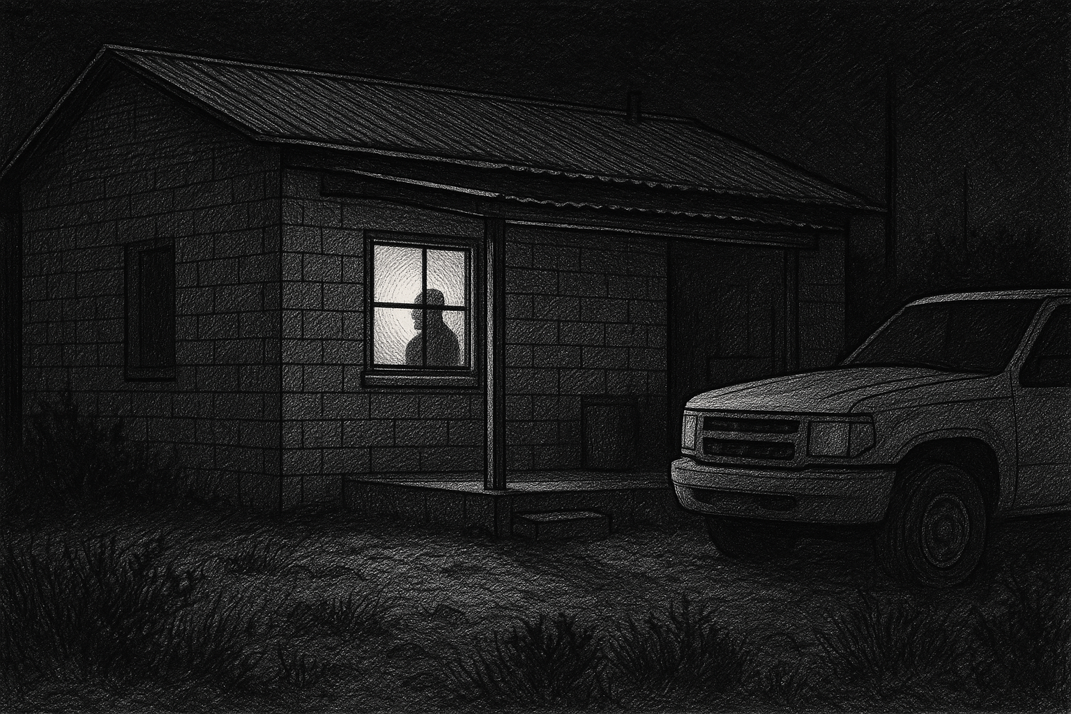 Cinder-block porch, white truck nose-in, propane lamp, pen-and-ink editorial illustration.