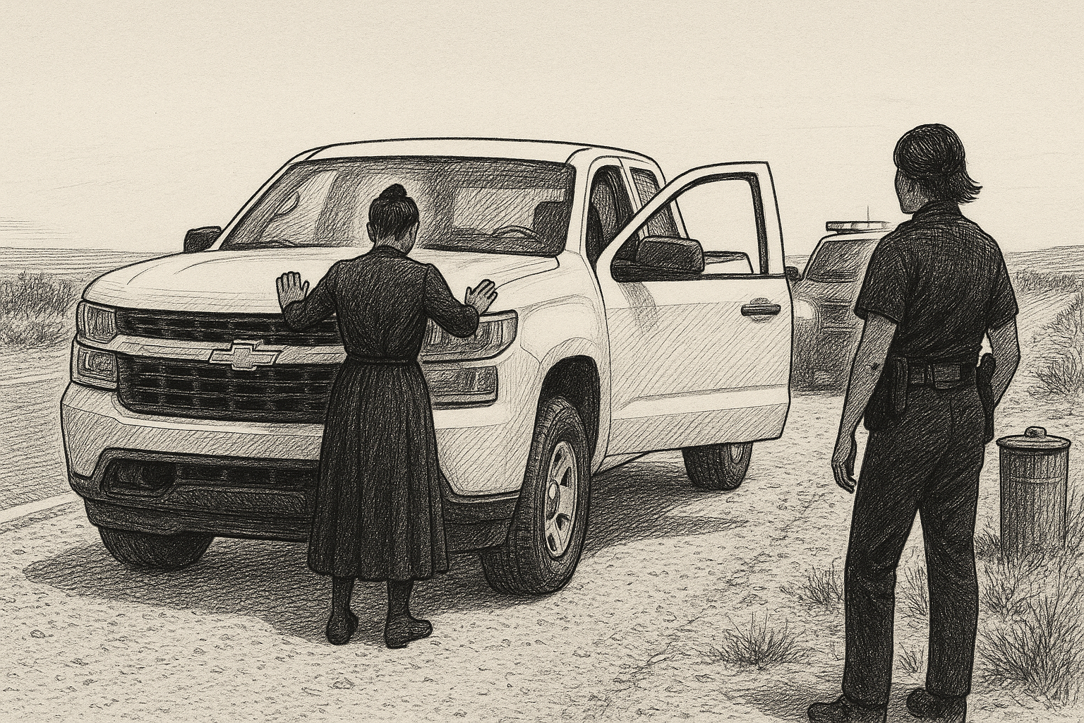 State line pullout, figure at truck hood, cuffed, pen-and-ink editorial illustration.