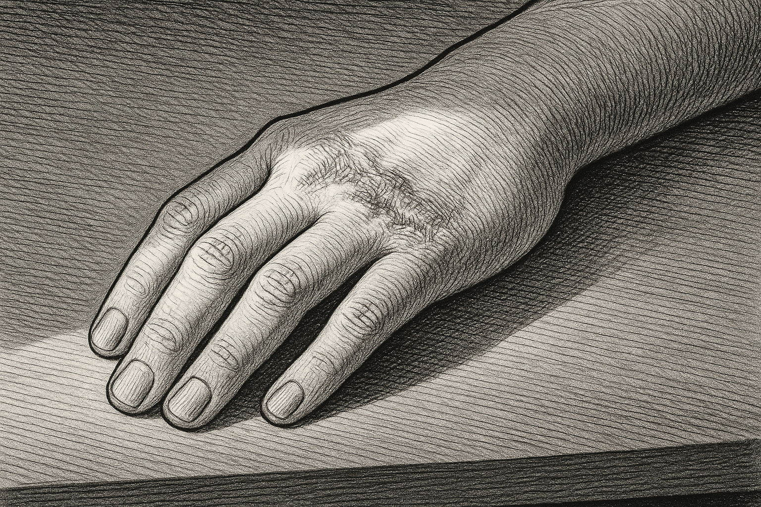 Close-up of a burn scar on a hand, afternoon light, pen-and-ink editorial illustration.