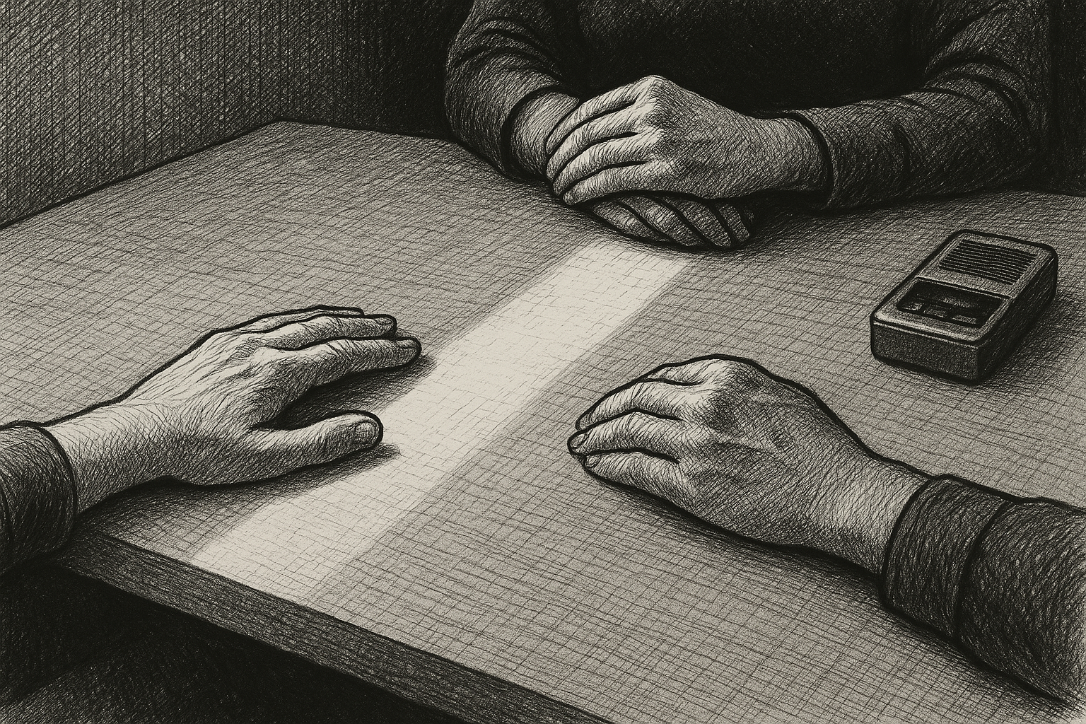 Two pairs of hands on an interrogation-room table, one with a burn scar visible, pen-and-ink.