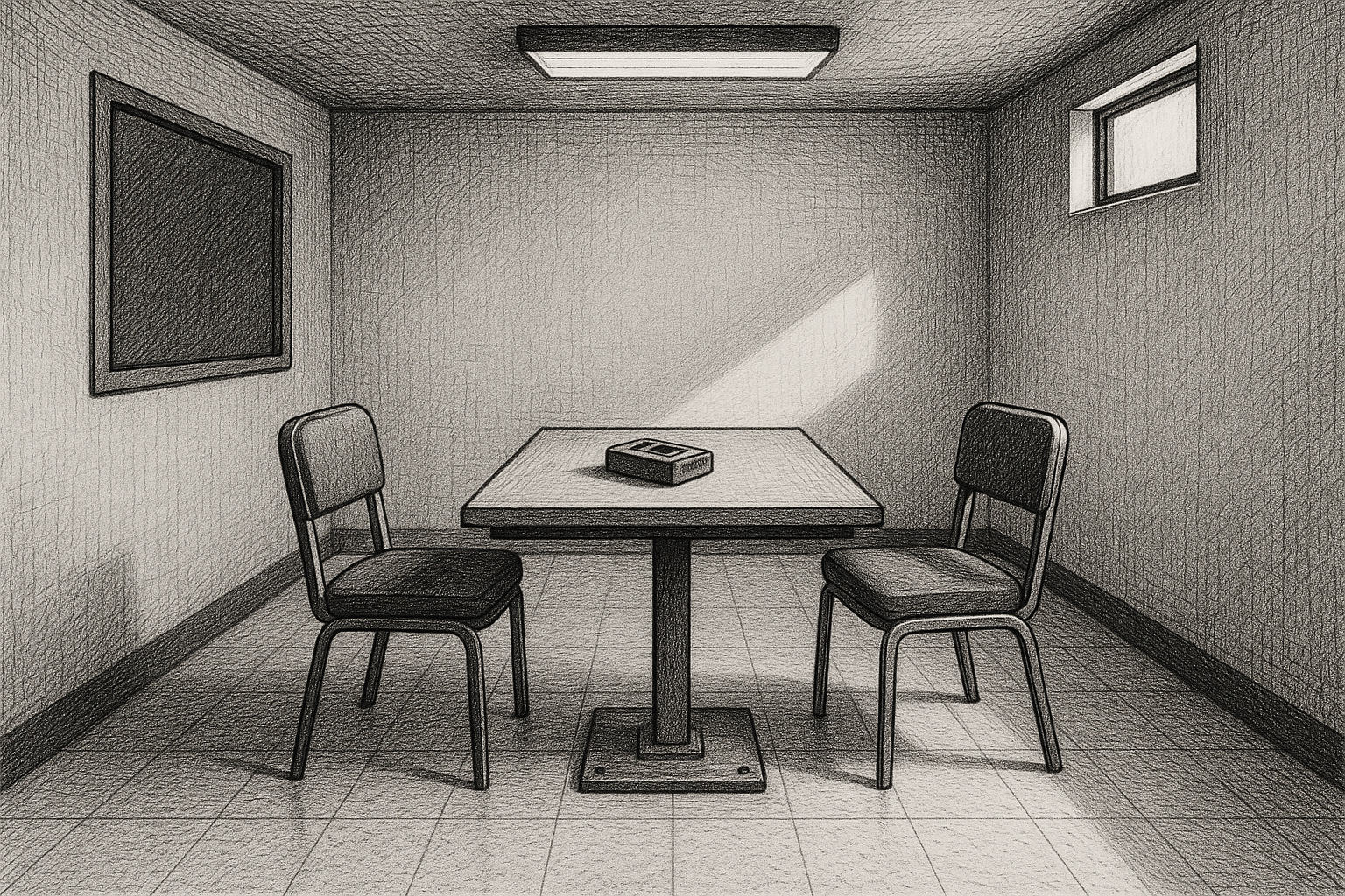 Table, two chairs, recorder, line of sun on floor, pen-and-ink editorial illustration.