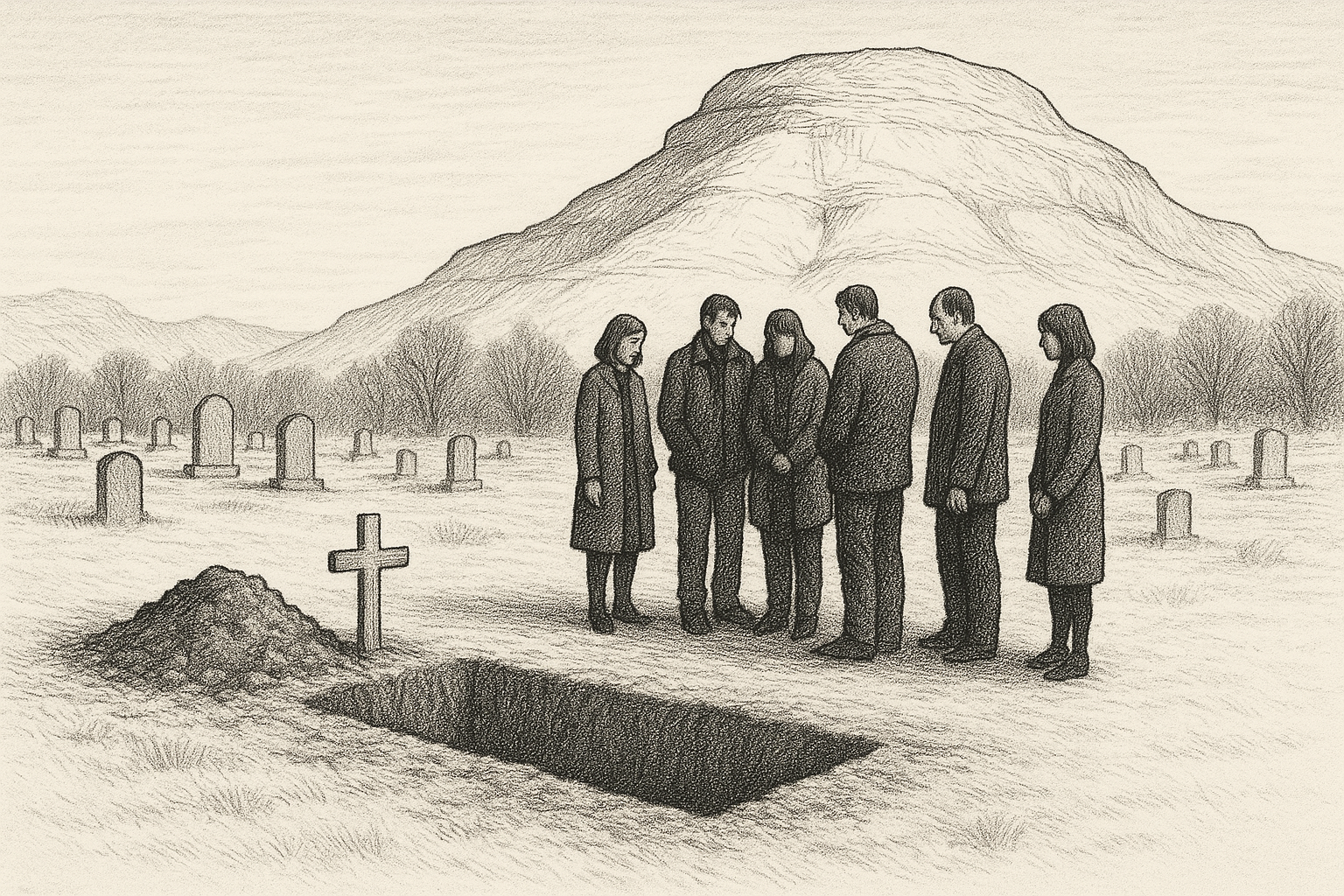 Small group at a grave, sandstone hill behind, pen-and-ink editorial illustration.