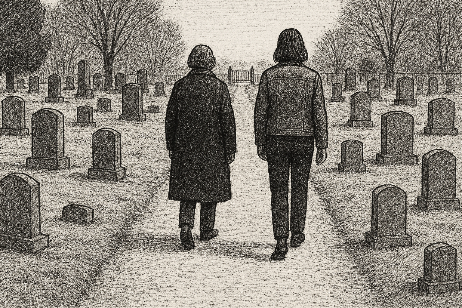 Two figures walking a gravel path between headstones, pen-and-ink editorial illustration.
