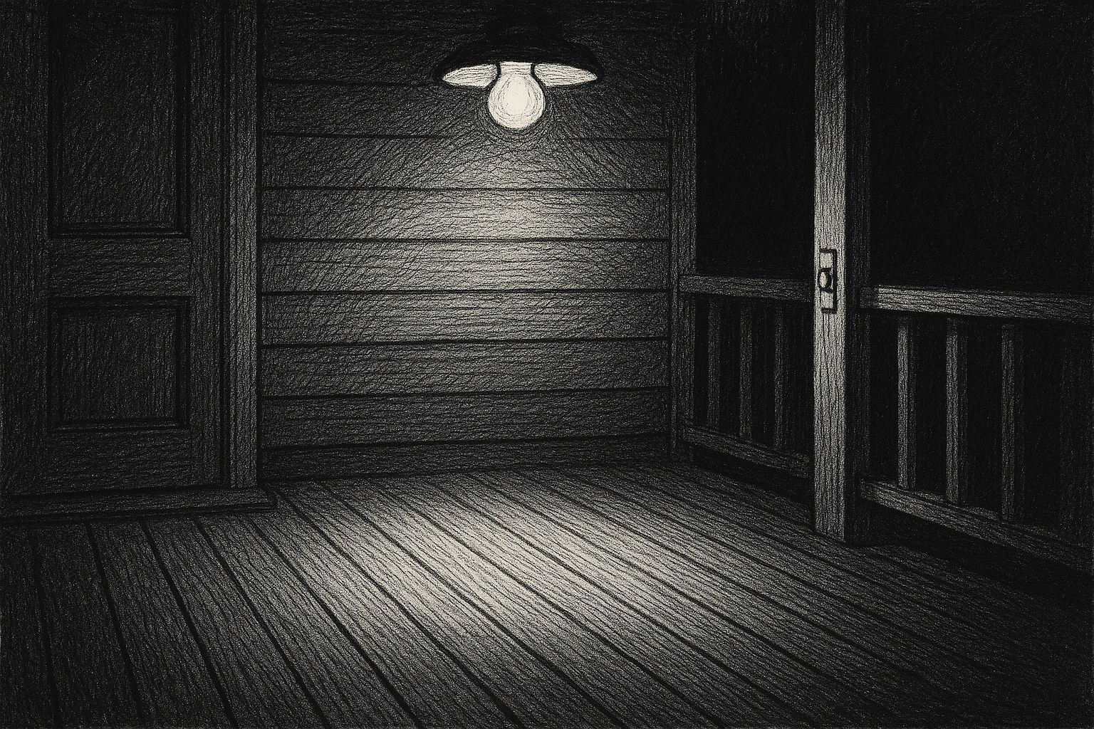 Porch boards lit by a single yellow bulb, night, pen-and-ink editorial illustration.