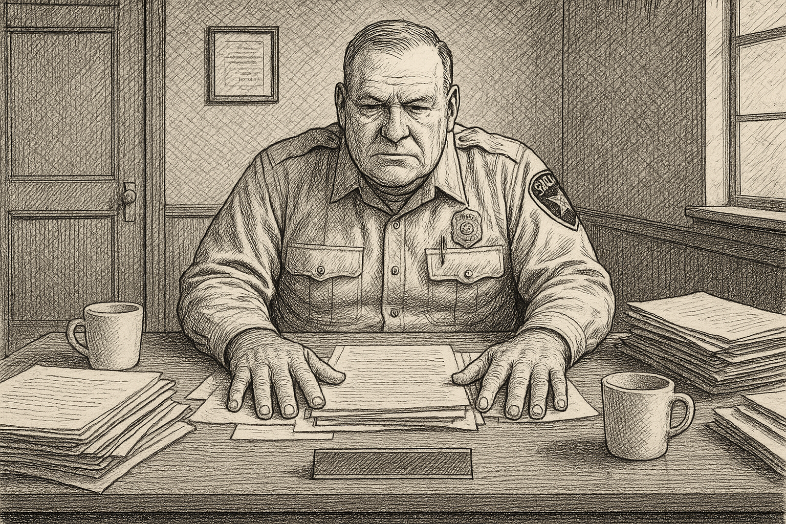 Man behind a desk, hands flat, closed door, pen-and-ink editorial illustration.