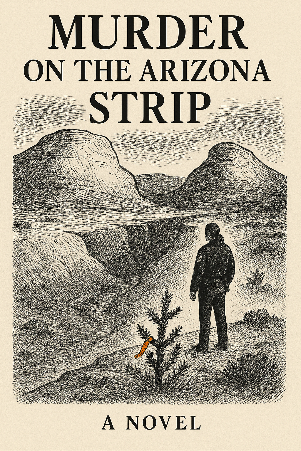 Pen-and-ink book cover: a deputy at the rim of a desert wash with two sandstone knolls behind, MURDER ON THE ARIZONA STRIP set in bold serif at the top.