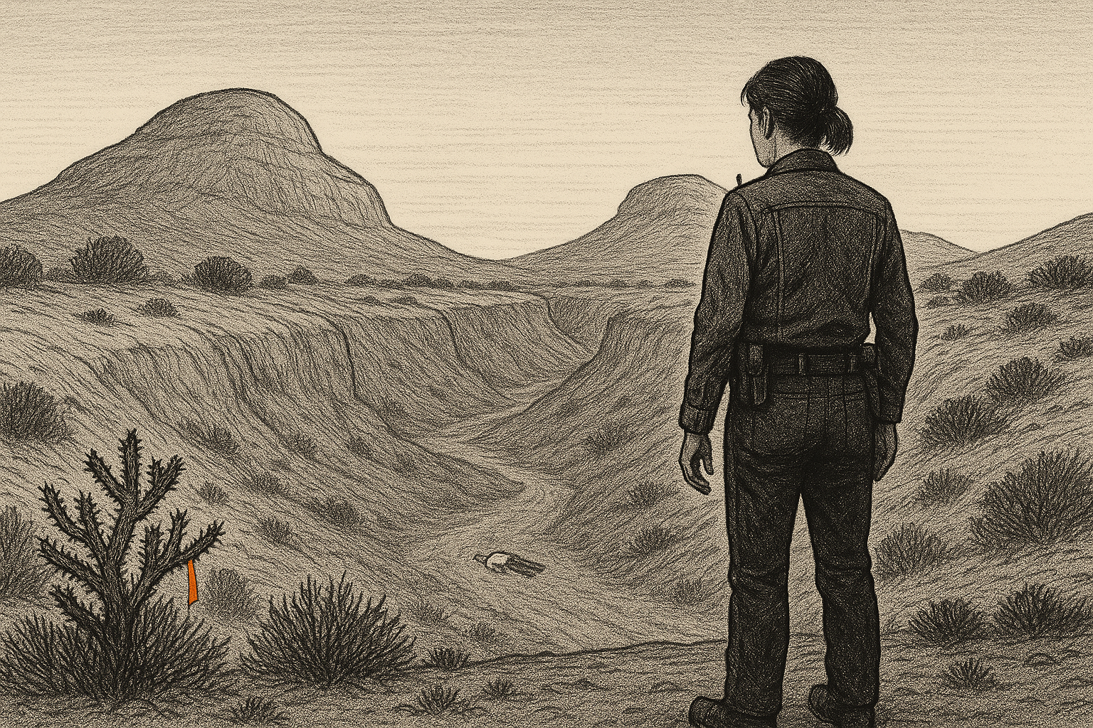 A deputy in a denim jacket and dark uniform stands at the lip of a shallow desert wash at sunrise, seen from three-quarter behind, pen-and-ink crosshatch shading.