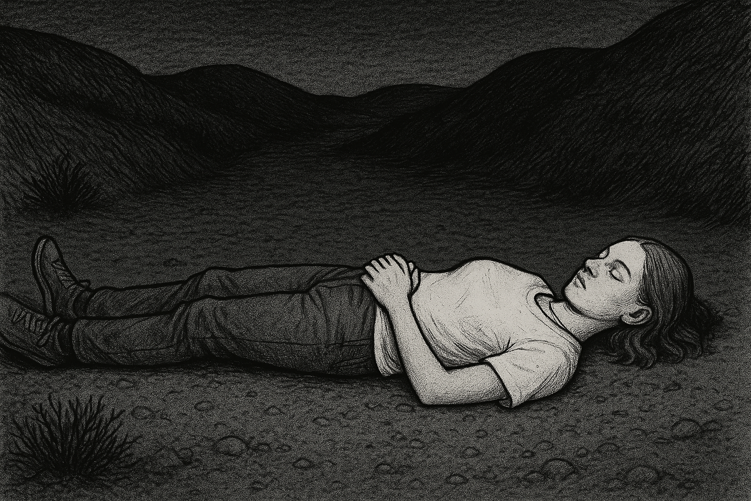 A young woman lying on her back in a shallow desert wash, hands folded across her stomach, gray t-shirt rendered as the only un-crosshatched white in the frame, pen-and-ink.