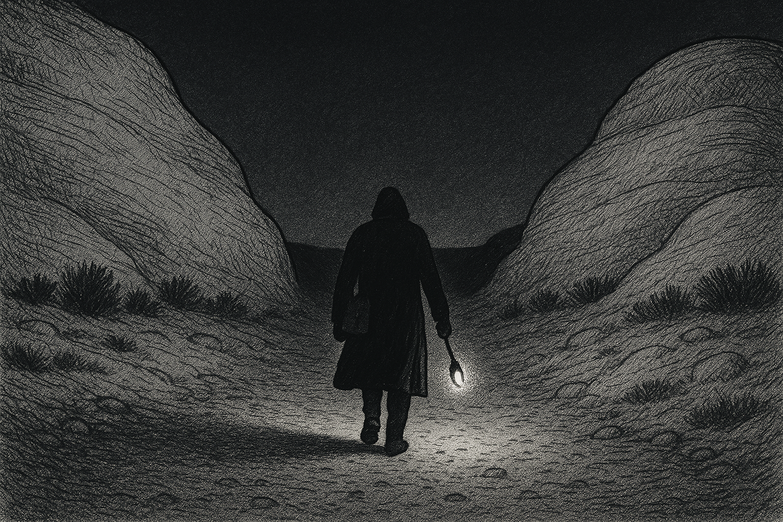 A hooded figure walking away between two pale sandstone knolls in pre-dawn light, pen-and-ink crosshatch shading.