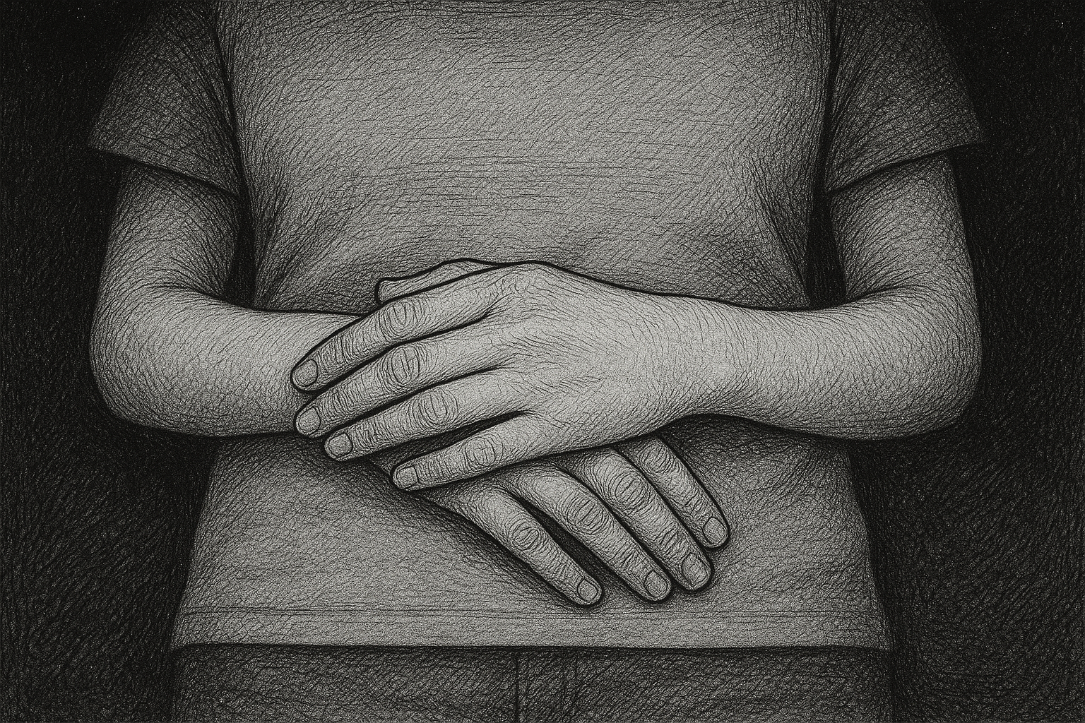 A young woman's two hands folded across her stomach in a shallow desert wash, pen-and-ink crosshatch shading, no living human else in frame.