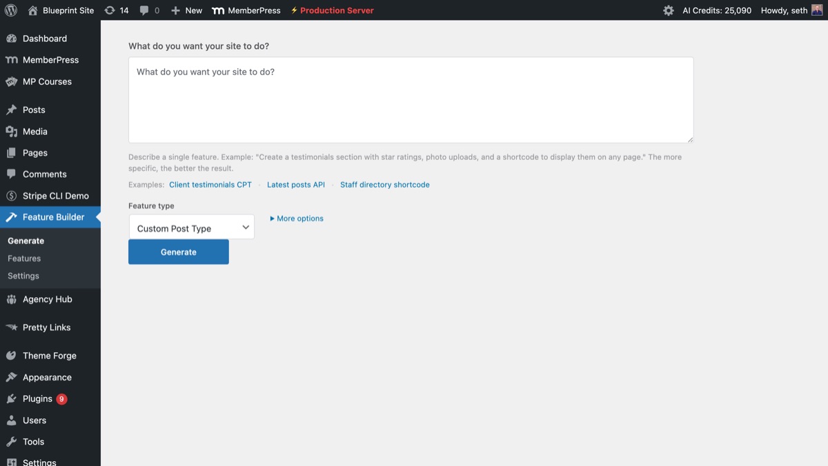 WP Feature Builder plugin interface showing the feature generation form inside WordPress