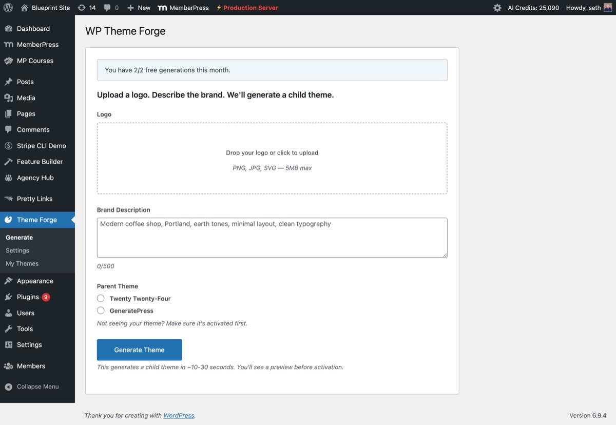 WP Theme Forge generation form showing brand description, logo upload, and parent theme selection