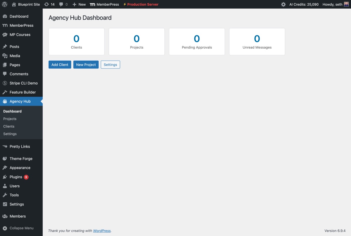 WP Agency Hub dashboard showing project overview, client activity, and quick actions