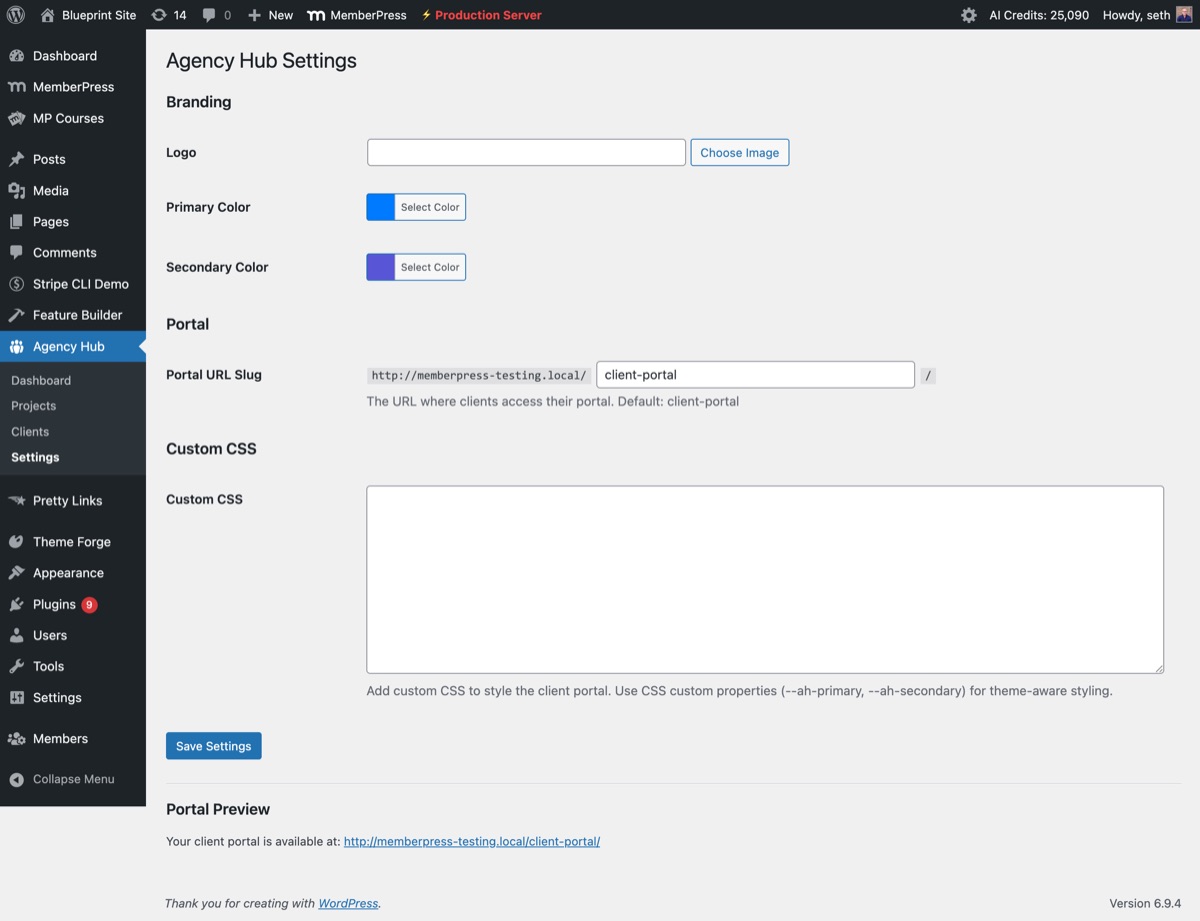WP Agency Hub settings page showing white-label branding, logo upload, and color configuration